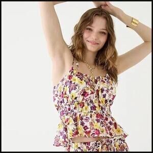 J. Crew Floral Sleeveless Tie Shoulder Top Ruffle Elastic Waist S Colorful #3837